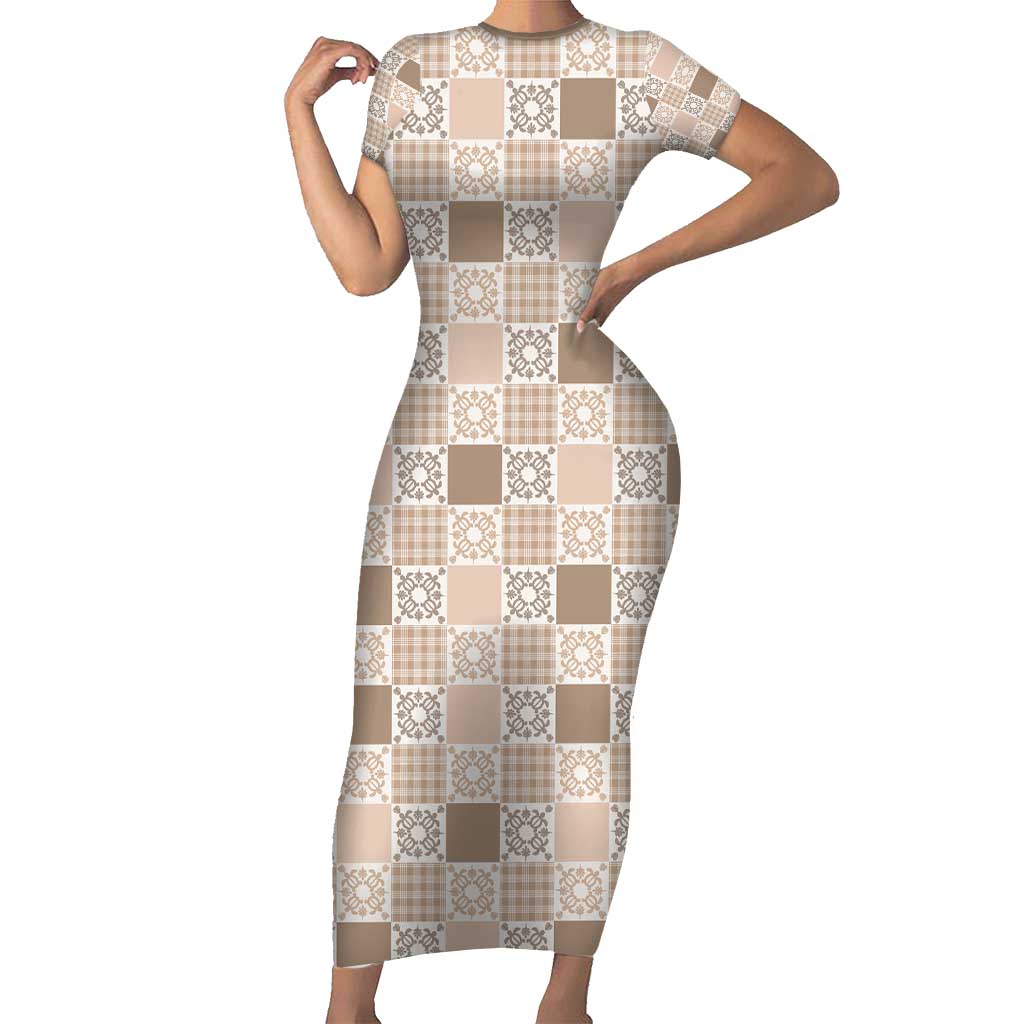 Hawaiian Palaka Quilt Pattern Family Matching Short Sleeve Bodycon Dress and Hawaiian Shirt Hawaii Culture Honu Turtle LT9 Mom's Dress Beige - Polynesian Pride