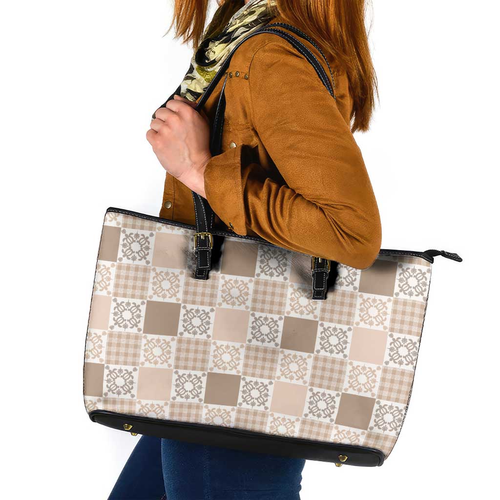 Hawaiian Palaka Quilt Pattern Leather Tote Bag Hawaii Culture Honu Turtle - Polynesian Pride