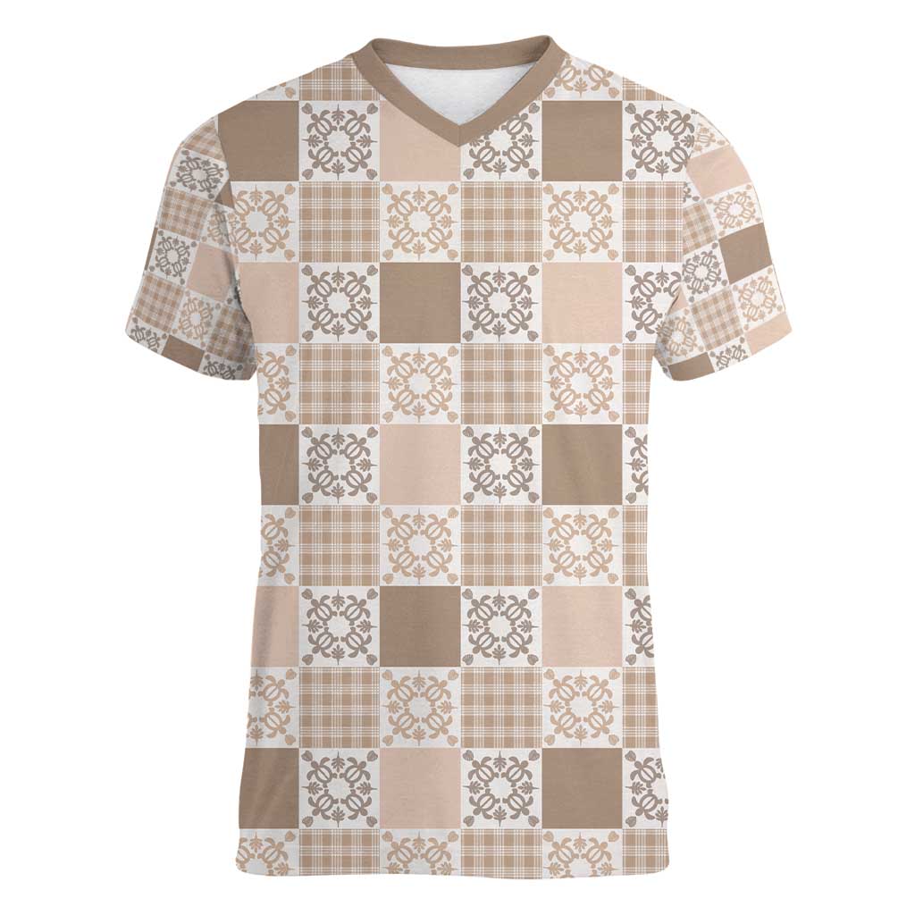 Hawaiian Palaka Quilt Pattern Women V-Neck T-Shirt Hawaii Culture Honu Turtle - Polynesian Pride