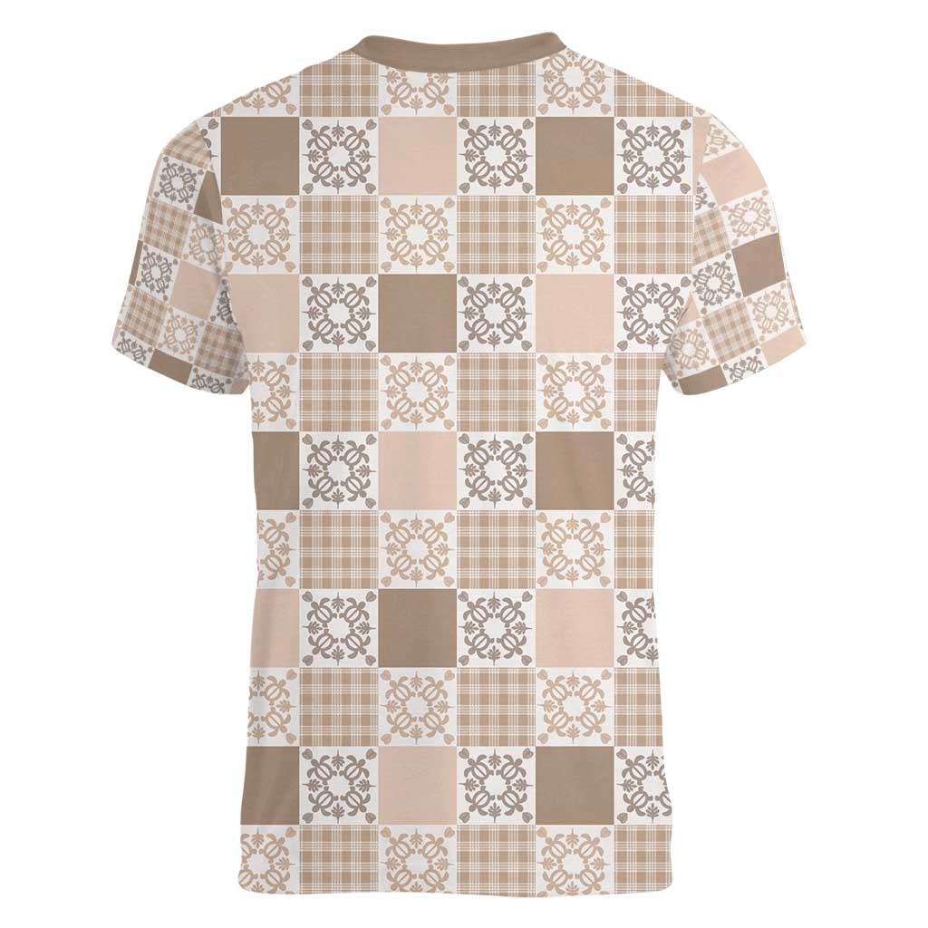 Hawaiian Palaka Quilt Pattern Women V-Neck T-Shirt Hawaii Culture Honu Turtle - Polynesian Pride