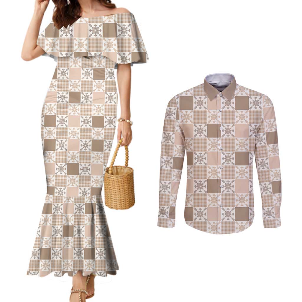 Hawaiian Palaka Quilt Pattern Couples Matching Mermaid Dress and Long Sleeve Button Shirt Hawaii Culture Pineapple - Polynesian Pride