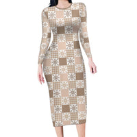 Hawaiian Palaka Quilt Pattern Family Matching Long Sleeve Bodycon Dress and Hawaiian Shirt Hawaii Culture Pineapple LT9 Mom's Dress Beige - Polynesian Pride