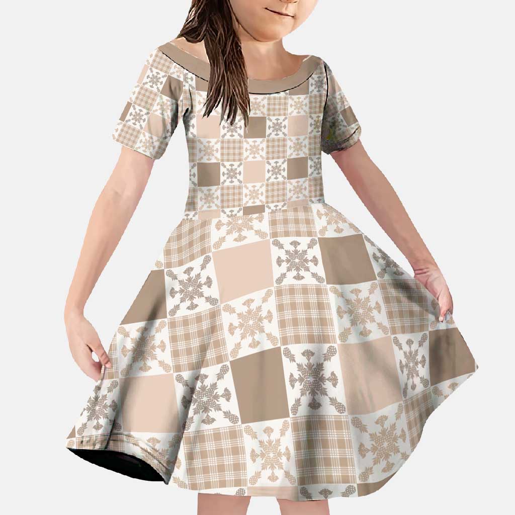 Hawaiian Palaka Quilt Pattern Family Matching Mermaid Dress and Hawaiian Shirt Hawaii Culture Pineapple LT9 Daughter's Dress Beige - Polynesian Pride