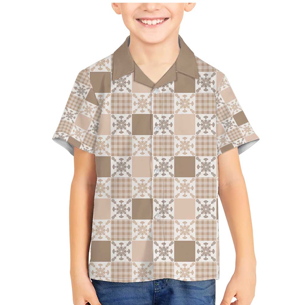 Hawaiian Palaka Quilt Pattern Family Matching Mermaid Dress and Hawaiian Shirt Hawaii Culture Pineapple LT9 Son's Shirt Beige - Polynesian Pride