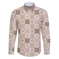 Hawaiian Palaka Quilt Pattern Family Matching Off Shoulder Maxi Dress and Hawaiian Shirt Hawaii Culture Pineapple LT9 Dad's Shirt - Long Sleeve Beige - Polynesian Pride