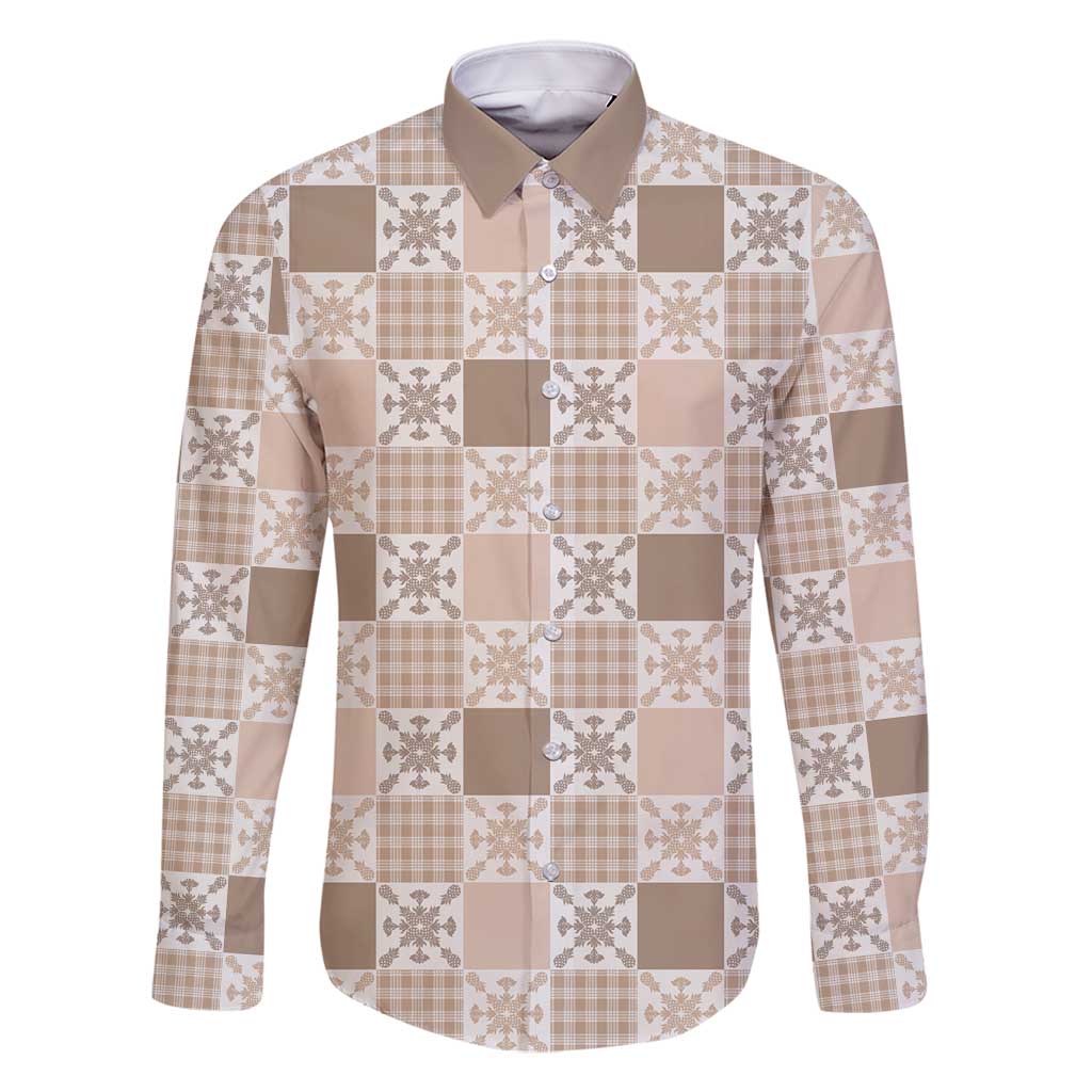 Hawaiian Palaka Quilt Pattern Family Matching Off Shoulder Short Dress and Hawaiian Shirt Hawaii Culture Pineapple LT9 Dad's Shirt - Long Sleeve Beige - Polynesian Pride