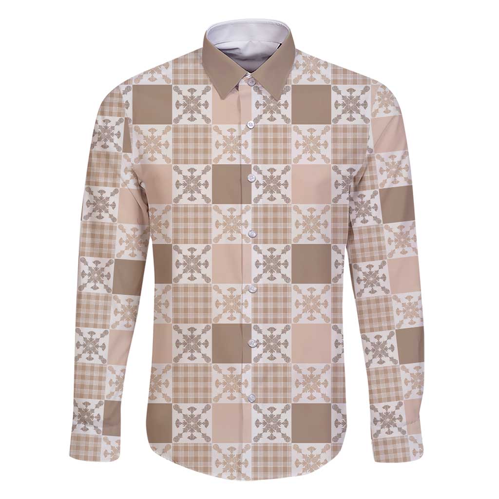 Hawaiian Palaka Quilt Pattern Family Matching Short Sleeve Bodycon Dress and Hawaiian Shirt Hawaii Culture Pineapple LT9 Dad's Shirt - Long Sleeve Beige - Polynesian Pride