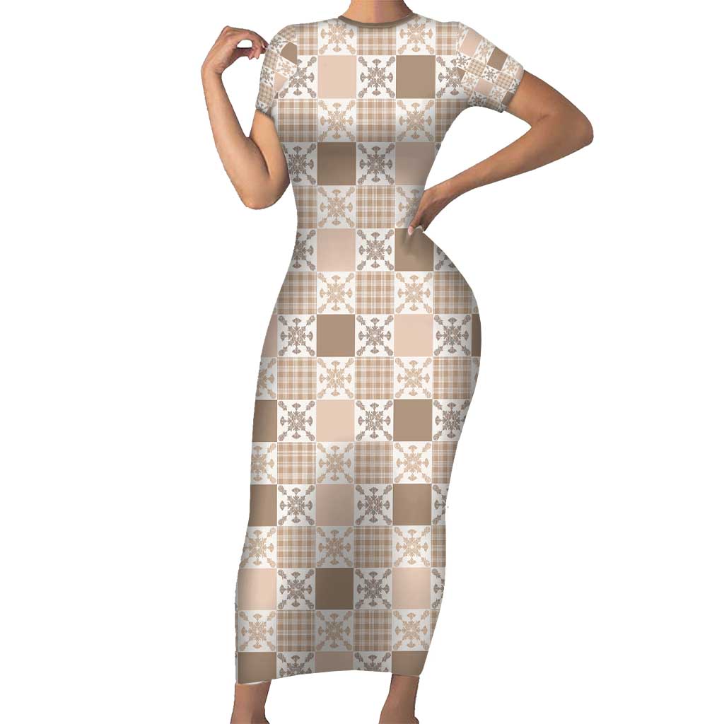 Hawaiian Palaka Quilt Pattern Family Matching Short Sleeve Bodycon Dress and Hawaiian Shirt Hawaii Culture Pineapple LT9 Mom's Dress Beige - Polynesian Pride