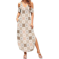 Hawaiian Palaka Quilt Pattern Family Matching Summer Maxi Dress and Hawaiian Shirt Hawaii Culture Pineapple LT9 Mom's Dress Beige - Polynesian Pride