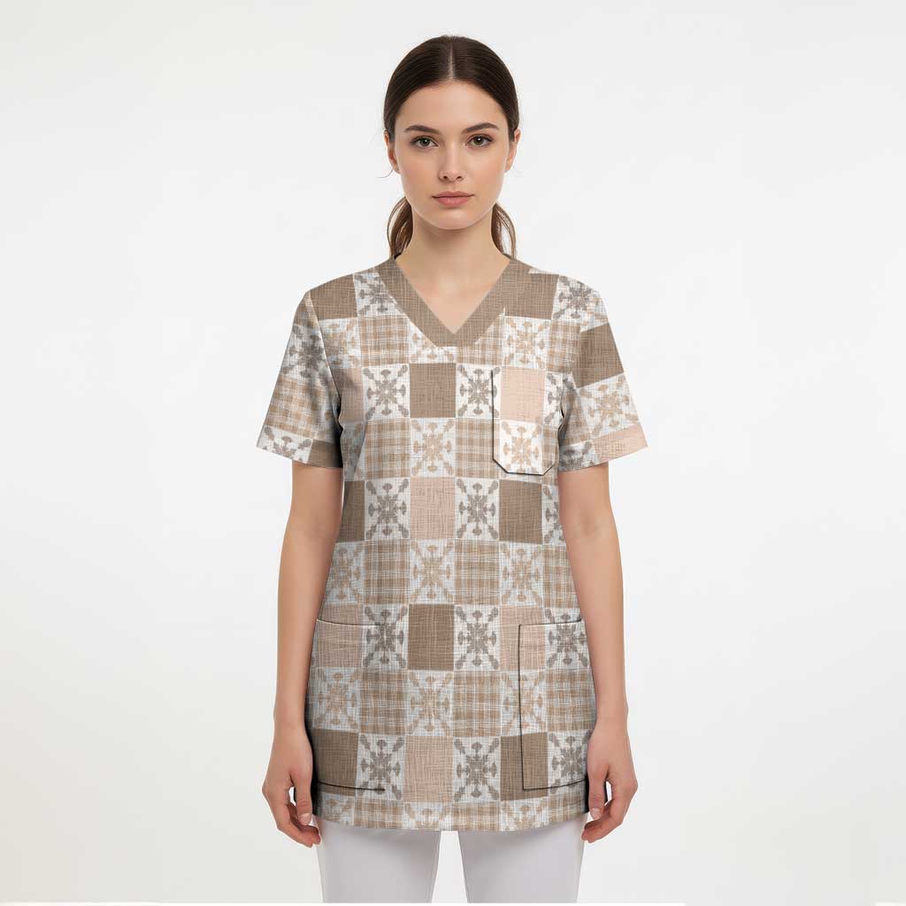 Hawaiian Palaka Quilt Pattern Scrub Top Hawaii Culture Pineapple - Polynesian Pride