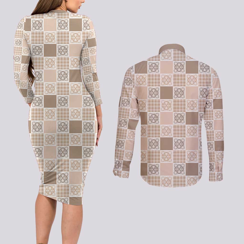 Hawaiian Palaka Quilt Pattern Couples Matching Long Sleeve Bodycon Dress and Long Sleeve Button Shirt Hawaii Culture Tropical Flowers Mix LT9 - Polynesian Pride
