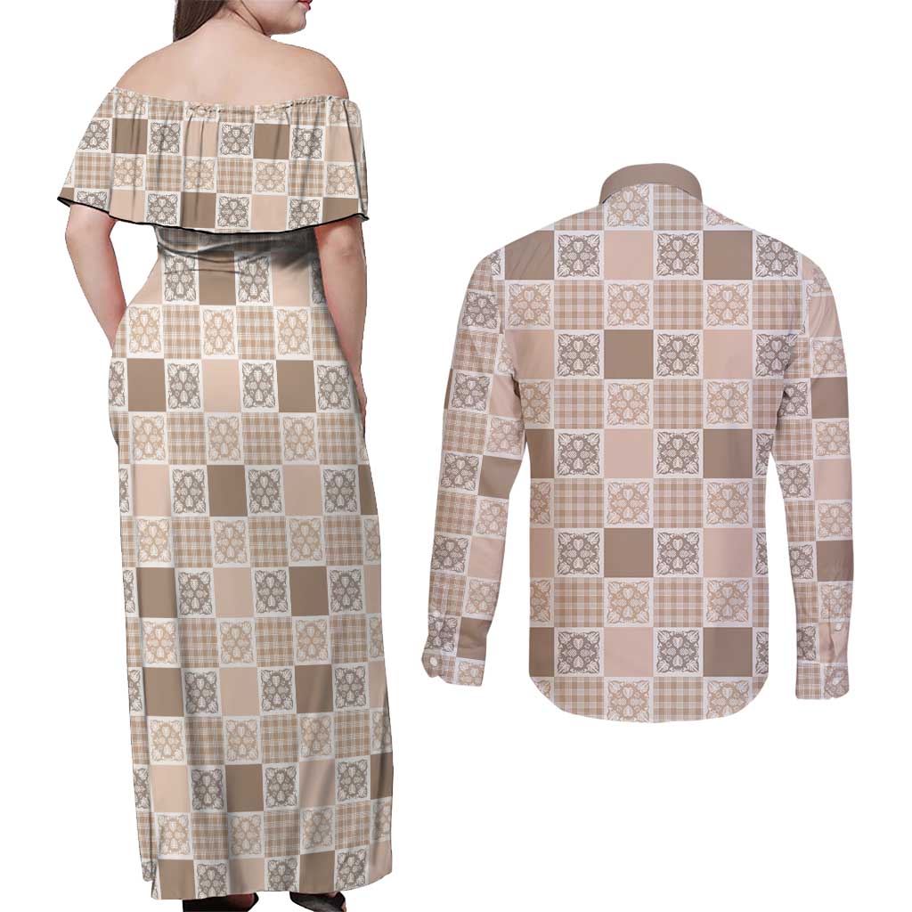 Hawaiian Palaka Quilt Pattern Couples Matching Off Shoulder Maxi Dress and Long Sleeve Button Shirt Hawaii Culture Tropical Flowers Mix - Polynesian Pride