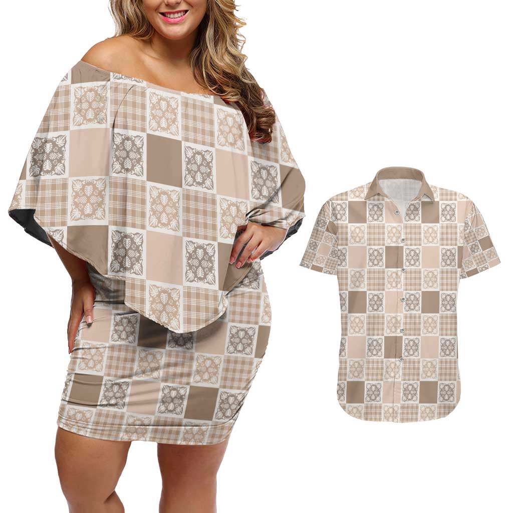 Hawaiian Palaka Quilt Pattern Couples Matching Off Shoulder Short Dress and Hawaiian Shirt Hawaii Culture Tropical Flowers Mix LT9 Beige - Polynesian Pride