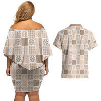 Hawaiian Palaka Quilt Pattern Couples Matching Off Shoulder Short Dress and Hawaiian Shirt Hawaii Culture Tropical Flowers Mix LT9 - Polynesian Pride