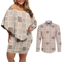 Hawaiian Palaka Quilt Pattern Couples Matching Off Shoulder Short Dress and Long Sleeve Button Shirt Hawaii Culture Tropical Flowers Mix - Polynesian Pride