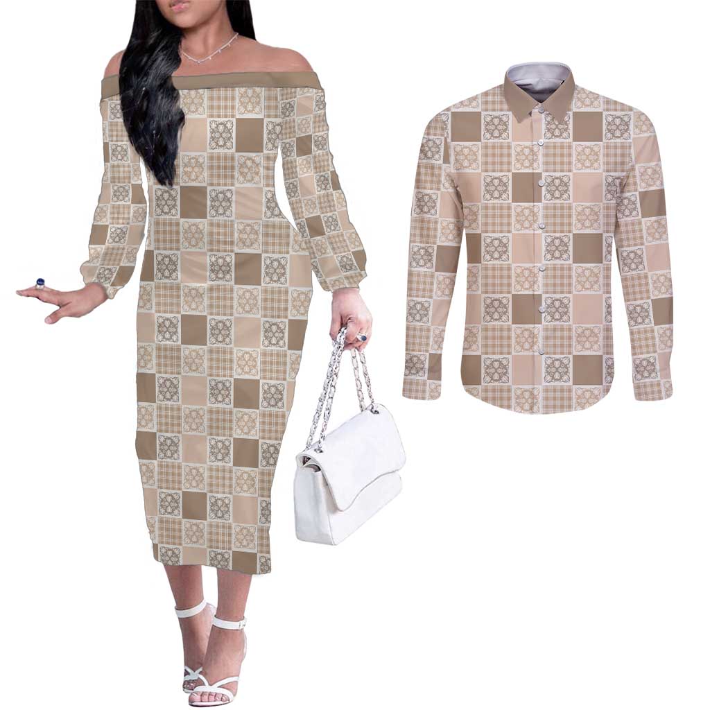 Hawaiian Palaka Quilt Pattern Couples Matching Off The Shoulder Long Sleeve Dress and Long Sleeve Button Shirt Hawaii Culture Tropical Flowers Mix LT9 Beige - Polynesian Pride