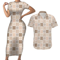 Hawaiian Palaka Quilt Pattern Couples Matching Short Sleeve Bodycon Dress and Hawaiian Shirt Hawaii Culture Tropical Flowers Mix LT9 Beige - Polynesian Pride