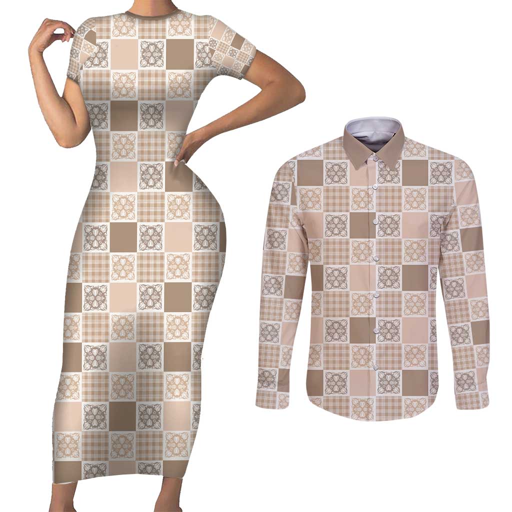 Hawaiian Palaka Quilt Pattern Couples Matching Short Sleeve Bodycon Dress and Long Sleeve Button Shirt Hawaii Culture Tropical Flowers Mix LT9 Beige - Polynesian Pride