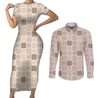 Hawaiian Palaka Quilt Pattern Couples Matching Short Sleeve Bodycon Dress and Long Sleeve Button Shirt Hawaii Culture Tropical Flowers Mix LT9 Beige - Polynesian Pride