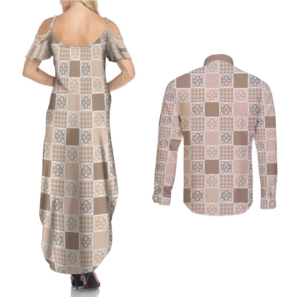Hawaiian Palaka Quilt Pattern Couples Matching Summer Maxi Dress and Long Sleeve Button Shirt Hawaii Culture Tropical Flowers Mix - Polynesian Pride