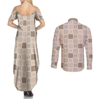 Hawaiian Palaka Quilt Pattern Couples Matching Summer Maxi Dress and Long Sleeve Button Shirt Hawaii Culture Tropical Flowers Mix - Polynesian Pride