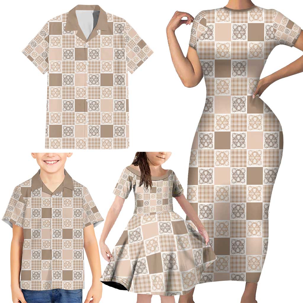 Hawaiian Palaka Quilt Pattern Family Matching Short Sleeve Bodycon Dress and Hawaiian Shirt Hawaii Culture Tropical Flowers Mix - Polynesian Pride