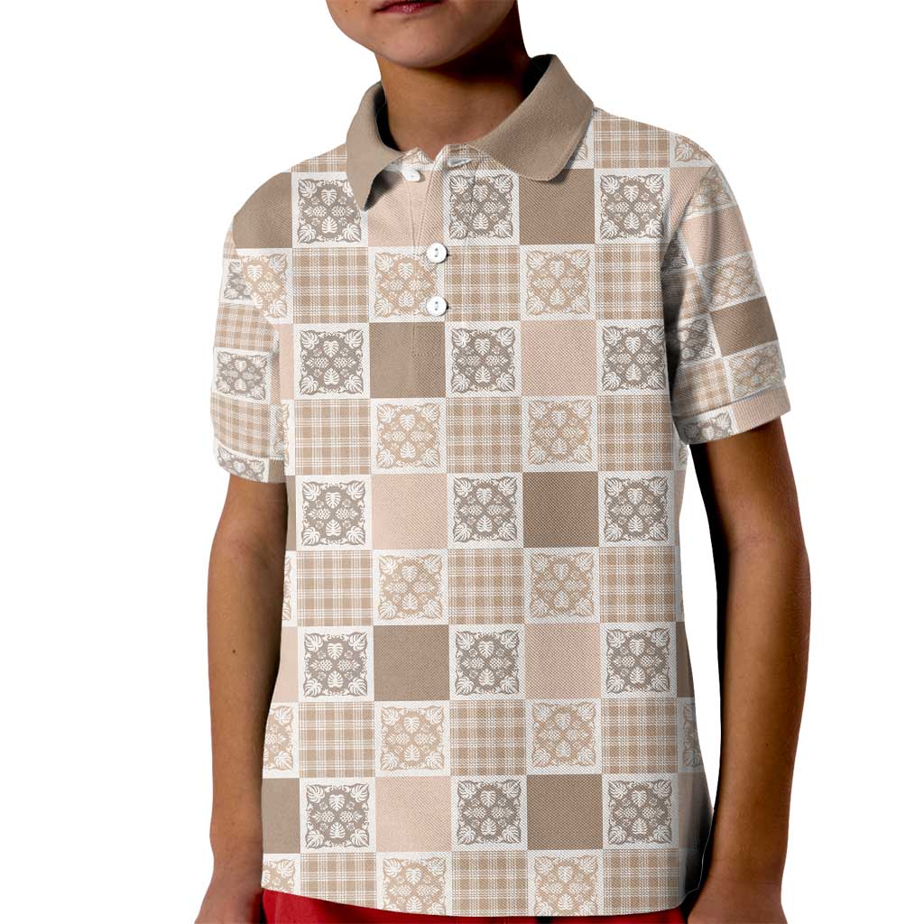 Hawaiian Palaka Quilt Pattern Kid Polo Shirt Hawaii Culture Tropical Flowers Mix - Polynesian Pride