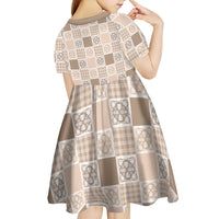 Hawaiian Palaka Quilt Pattern Kid Short Sleeve Dress Hawaii Culture Tropical Flowers Mix - Polynesian Pride