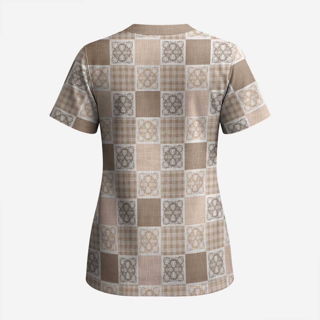 Hawaiian Palaka Quilt Pattern Scrub Top Hawaii Culture Tropical Flowers Mix - Polynesian Pride