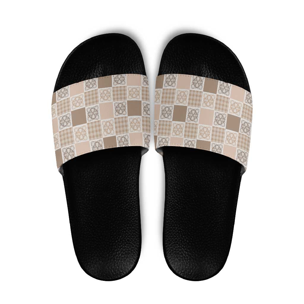 Hawaiian Palaka Quilt Pattern Slide Sandals Hawaii Culture Tropical Flowers Mix - Polynesian Pride