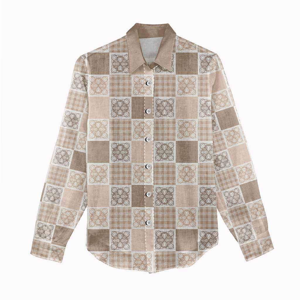 Hawaiian Palaka Quilt Pattern Women Casual Shirt Hawaii Culture Tropical Flowers Mix - Polynesian Pride