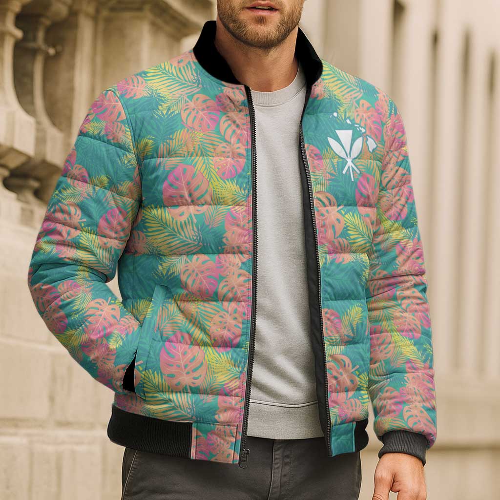 Seamless Hawaiian Quilt Pattern Bomber Puffer Jacket Hawaii Culture Palm Leaf Tropical - Polynesian Pride