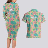 Seamless Hawaiian Quilt Pattern Couples Matching Long Sleeve Bodycon Dress and Hawaiian Shirt Hawaii Culture Palm Leaf Tropical - Polynesian Pride