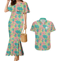 Seamless Hawaiian Quilt Pattern Couples Matching Mermaid Dress and Hawaiian Shirt Hawaii Culture Palm Leaf Tropical - Polynesian Pride