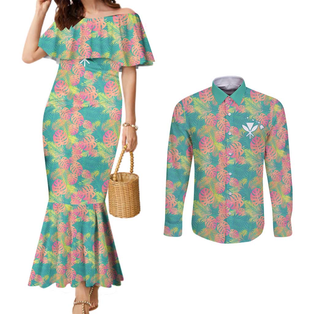 Seamless Hawaiian Quilt Pattern Couples Matching Mermaid Dress and Long Sleeve Button Shirt Hawaii Culture Palm Leaf Tropical - Polynesian Pride