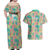 Seamless Hawaiian Quilt Pattern Couples Matching Off Shoulder Maxi Dress and Hawaiian Shirt Hawaii Culture Palm Leaf Tropical - Polynesian Pride