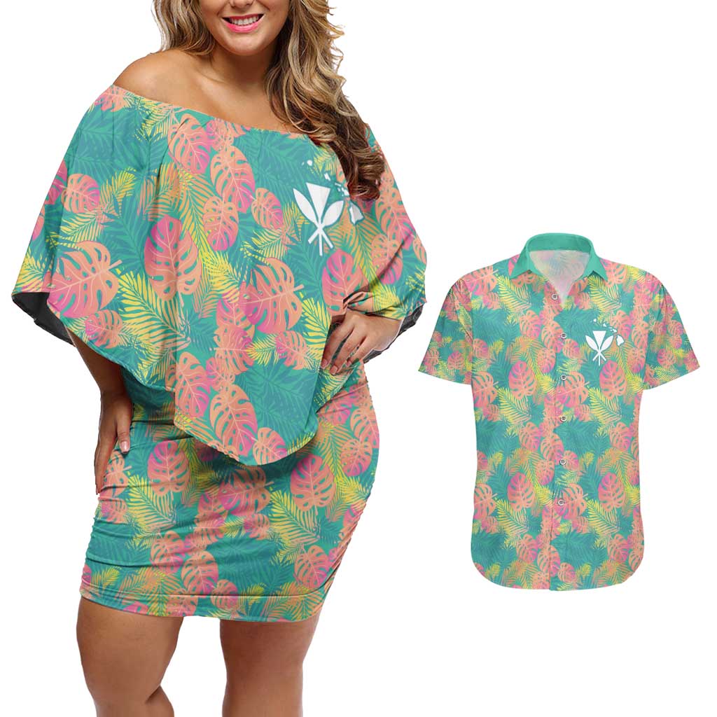 Seamless Hawaiian Quilt Pattern Couples Matching Off Shoulder Short Dress and Hawaiian Shirt Hawaii Culture Palm Leaf Tropical - Polynesian Pride