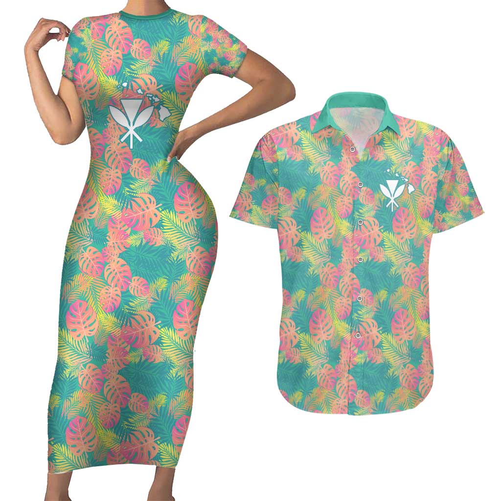 Seamless Hawaiian Quilt Pattern Couples Matching Short Sleeve Bodycon Dress and Hawaiian Shirt Hawaii Culture Palm Leaf Tropical - Polynesian Pride