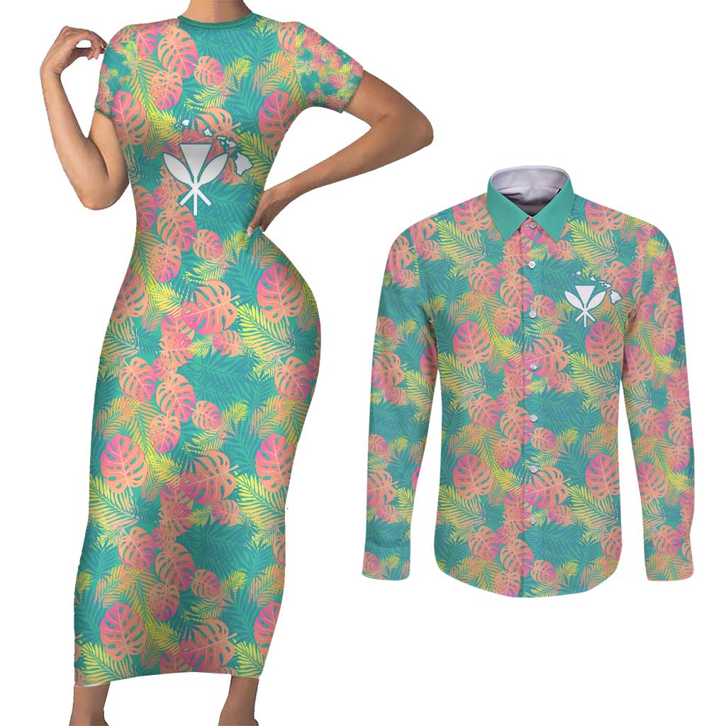 Seamless Hawaiian Quilt Pattern Couples Matching Short Sleeve Bodycon Dress and Long Sleeve Button Shirt Hawaii Culture Palm Leaf Tropical - Polynesian Pride