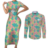 Seamless Hawaiian Quilt Pattern Couples Matching Short Sleeve Bodycon Dress and Long Sleeve Button Shirt Hawaii Culture Palm Leaf Tropical - Polynesian Pride