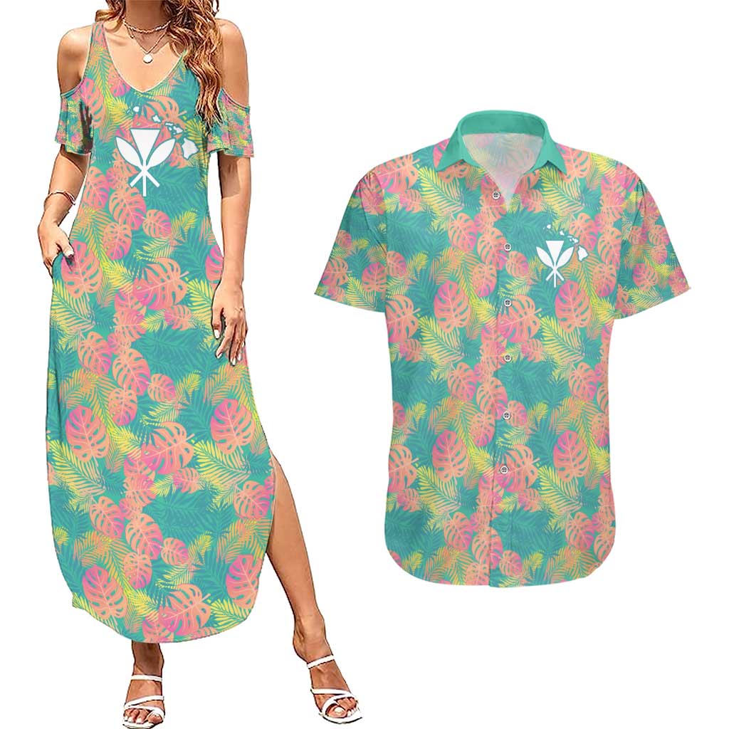 Personalised Seamless Hawaiian Quilt Pattern Couples Matching Summer Maxi Dress and Hawaiian Shirt Hawaii Culture Palm Leaf Tropical LT9 Beige - Polynesian Pride