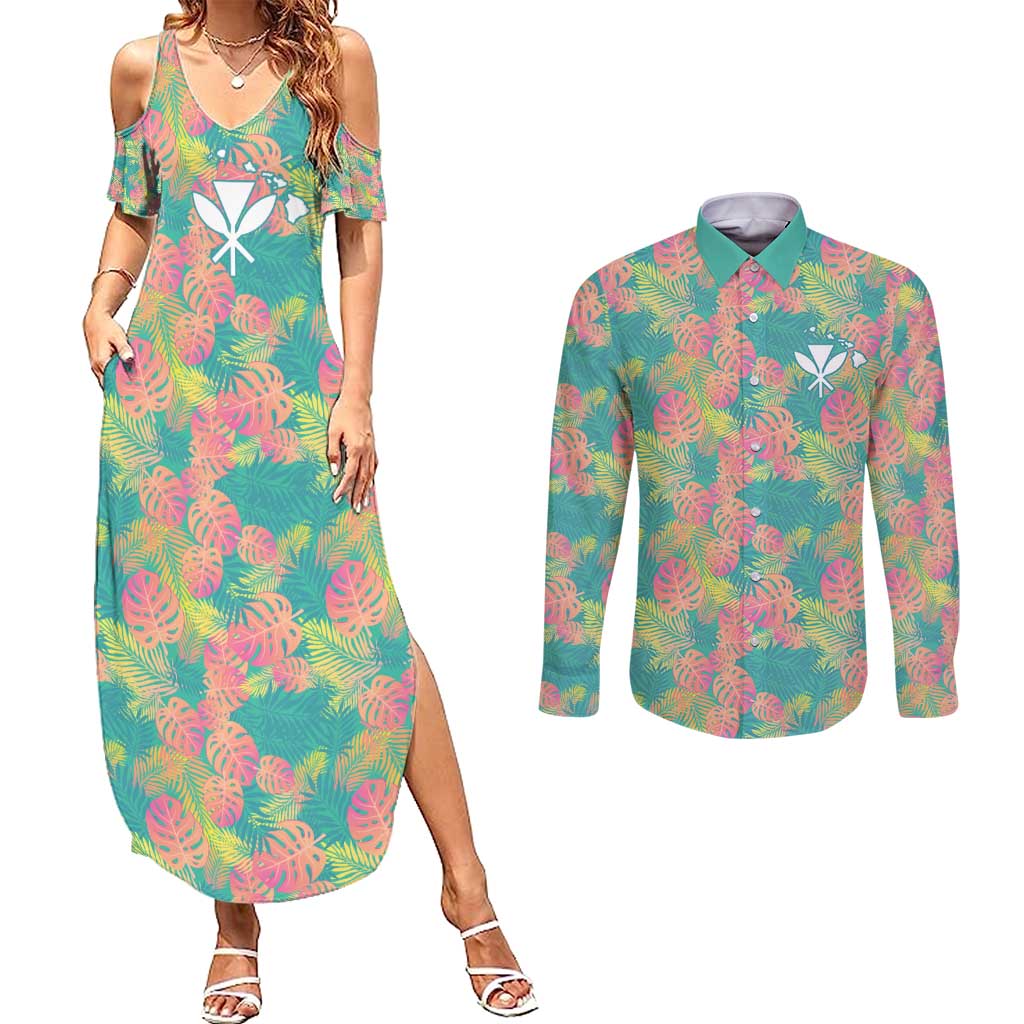 Personalised Seamless Hawaiian Quilt Pattern Couples Matching Summer Maxi Dress and Long Sleeve Button Shirt Hawaii Culture Palm Leaf Tropical LT9 Beige - Polynesian Pride