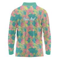 Seamless Hawaiian Quilt Pattern Long Sleeve Polo Shirt Hawaii Culture Palm Leaf Tropical - Polynesian Pride