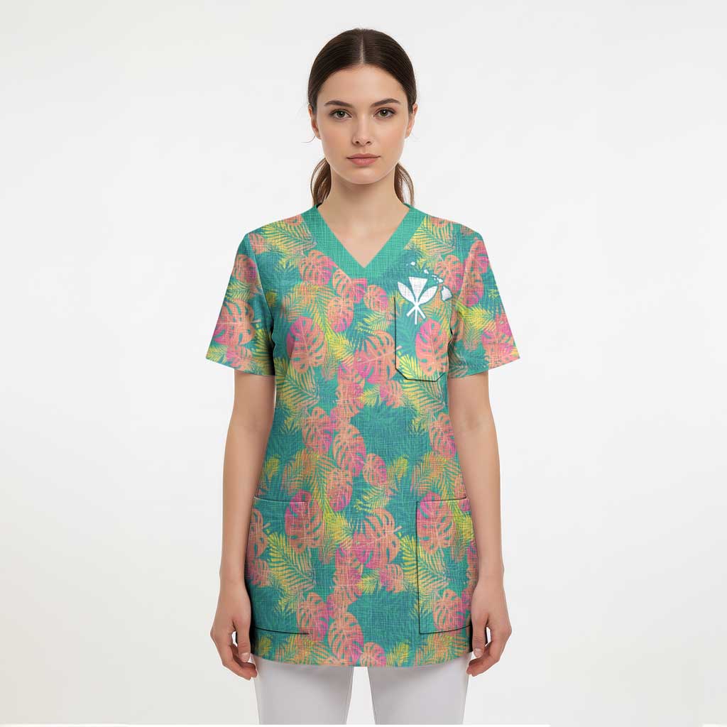 Seamless Hawaiian Quilt Pattern Scrub Top Hawaii Culture Palm Leaf Tropical - Polynesian Pride