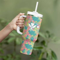 Seamless Hawaiian Quilt Pattern Tumbler With Handle Hawaii Culture Palm Leaf Tropical - Polynesian Pride