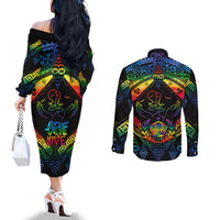Tonga LGBT Couples Matching Off The Shoulder Long Sleeve Dress and Long Sleeve Button Shirts Love Is Love Ngatu Rainbow Water Color LT9 - Polynesian Pride