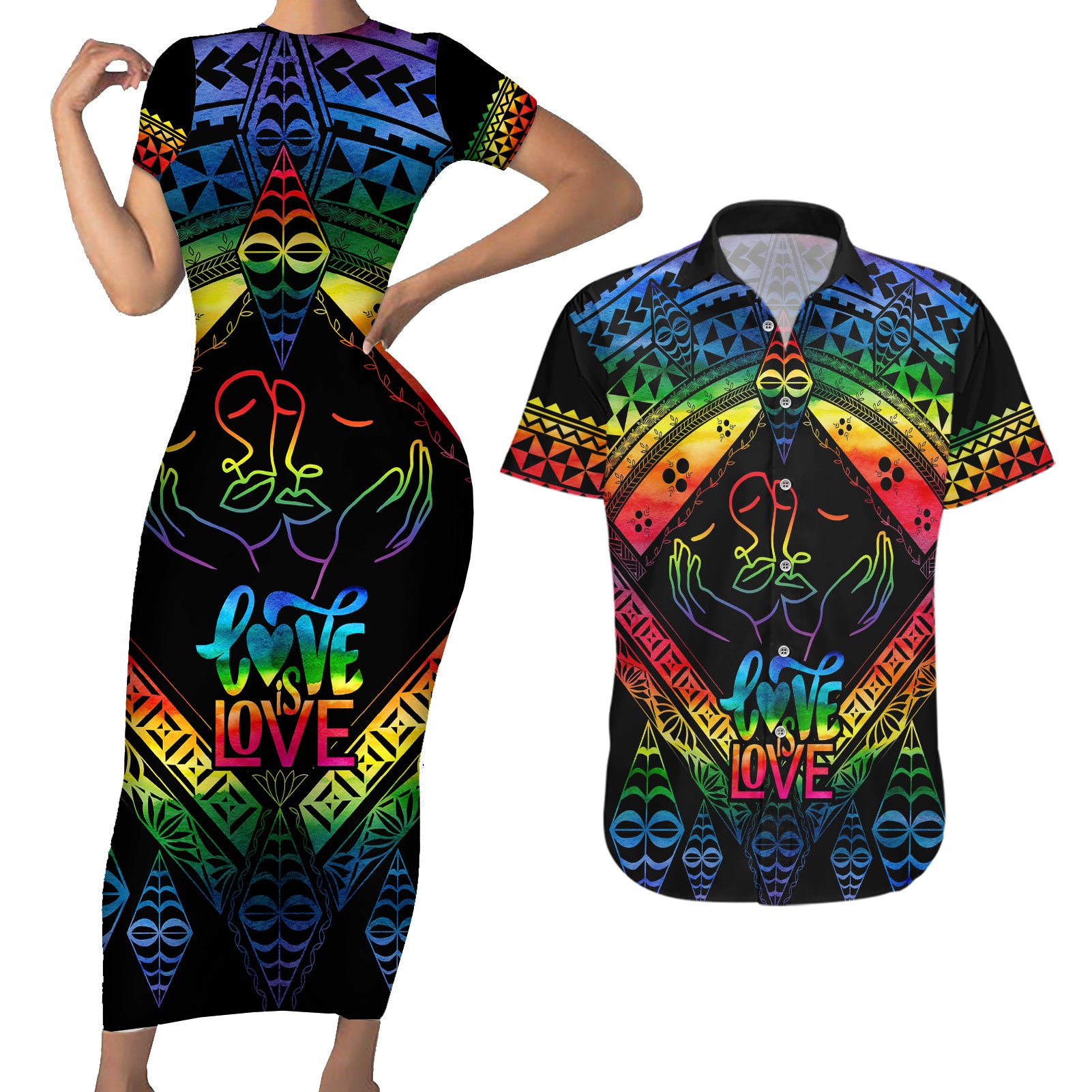 tonga-lgbt-couples-matching-short-sleeve-bodycon-dress-and-hawaiian-shirt-love-is-love-ngatu-rainbow-water-color