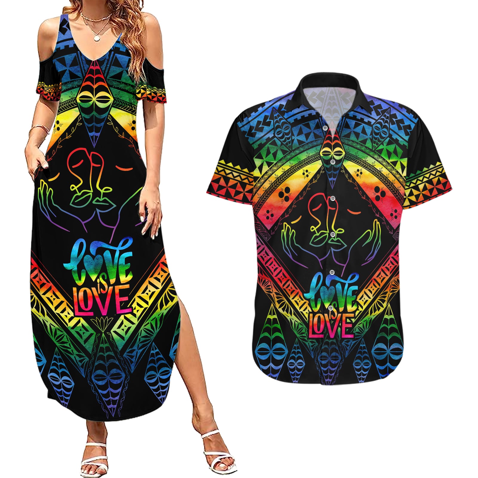 tonga-lgbt-couples-matching-summer-maxi-dress-and-hawaiian-shirt-love-is-love-ngatu-rainbow-water-color