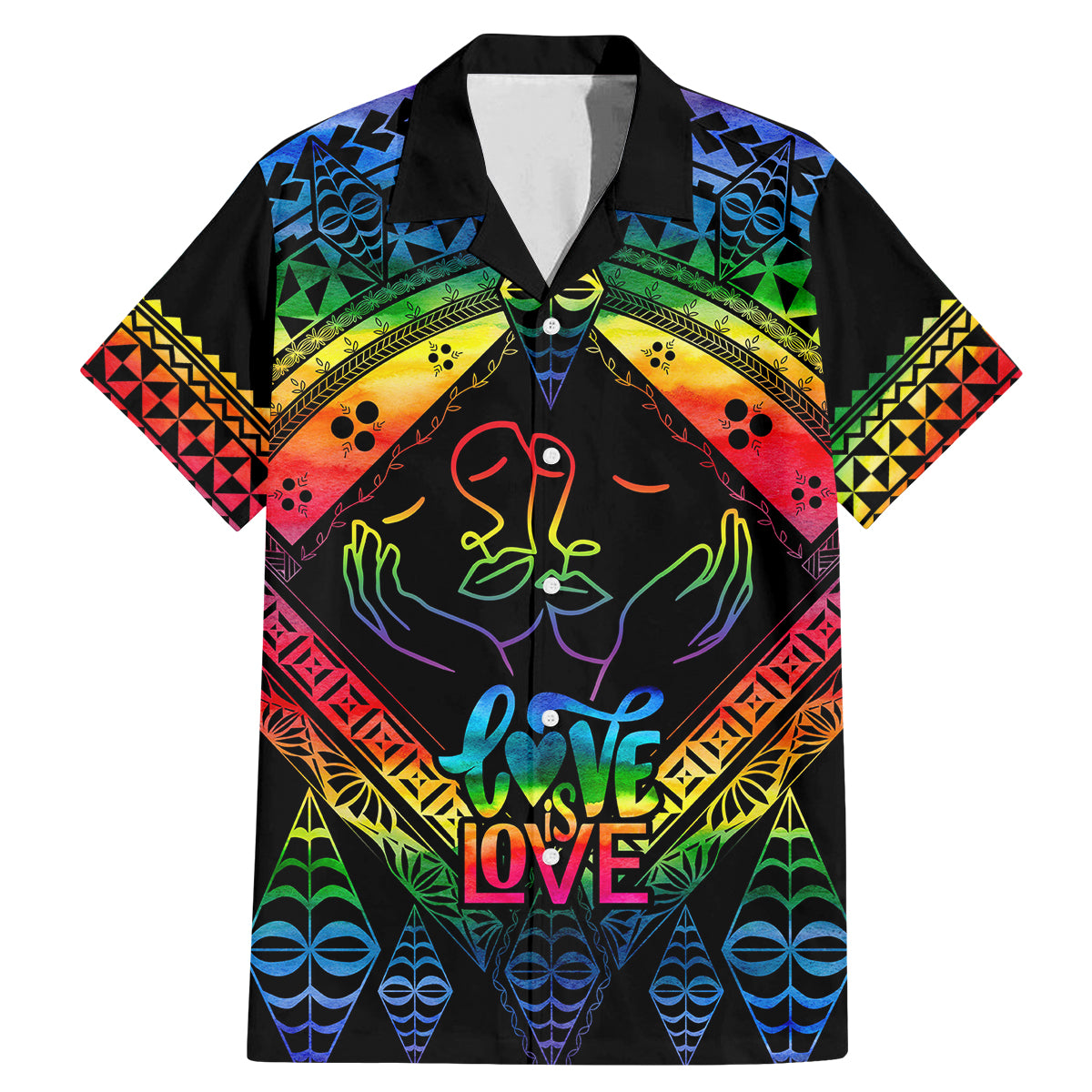 Tonga LGBT Family Matching Mermaid Dress and Hawaiian Shirt Love Is Love Ngatu Rainbow Water Color LT9 Dad's Shirt - Short Sleeve Black - Polynesian Pride