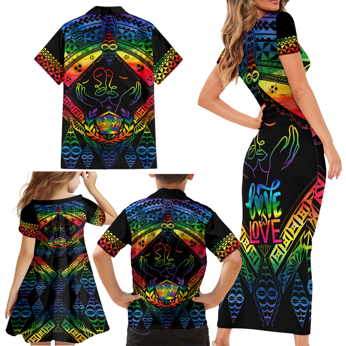 Tonga LGBT Family Matching Short Sleeve Bodycon Dress and Hawaiian Shirt Love Is Love Ngatu Rainbow Water Color LT9 - Polynesian Pride